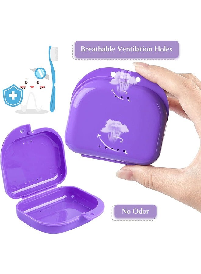 8-Piece Denture Case Kit, 2 Denture Cup with 2 Denture Brush & 2 Portable Brush Box, 2 Retainer Case, Denture Bath Cup with Strainer & Lid for Travel, Storage Soak Cleaner (Blue & Purple)