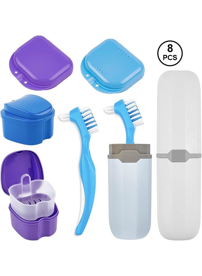 8-Piece Denture Case Kit, 2 Denture Cup with 2 Denture Brush & 2 Portable Brush Box, 2 Retainer Case, Denture Bath Cup with Strainer & Lid for Travel, Storage Soak Cleaner (Blue & Purple)