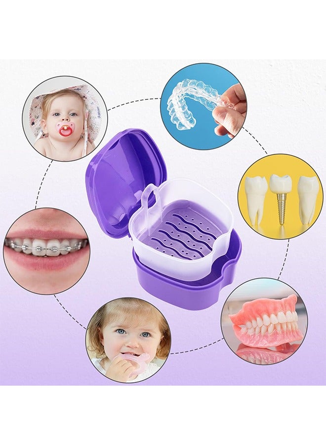 8-Piece Denture Case Kit, 2 Denture Cup with 2 Denture Brush & 2 Portable Brush Box, 2 Retainer Case, Denture Bath Cup with Strainer & Lid for Travel, Storage Soak Cleaner (Blue & Purple)