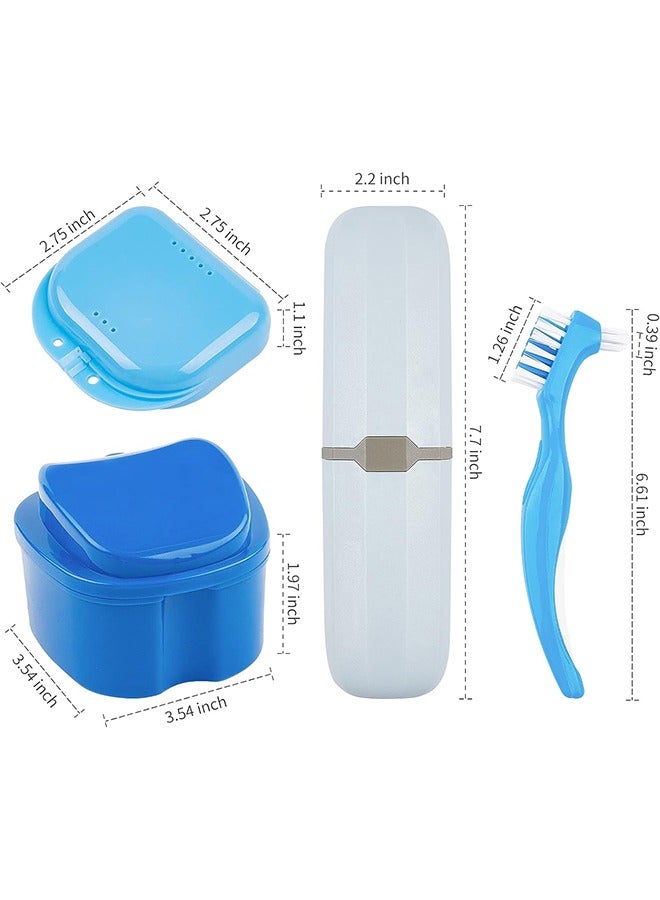 8-Piece Denture Case Kit, 2 Denture Cup with 2 Denture Brush & 2 Portable Brush Box, 2 Retainer Case, Denture Bath Cup with Strainer & Lid for Travel, Storage Soak Cleaner (Blue & Purple)