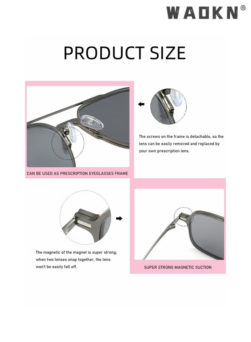 Magnetic Clip on Sunglasses Set for Men & Women Polarized UV Protection Retro Square Eyeglasses,2 in 1 Double Beam Magnetic Sunglasses Compatible with Degree Myopia Glasses Frame