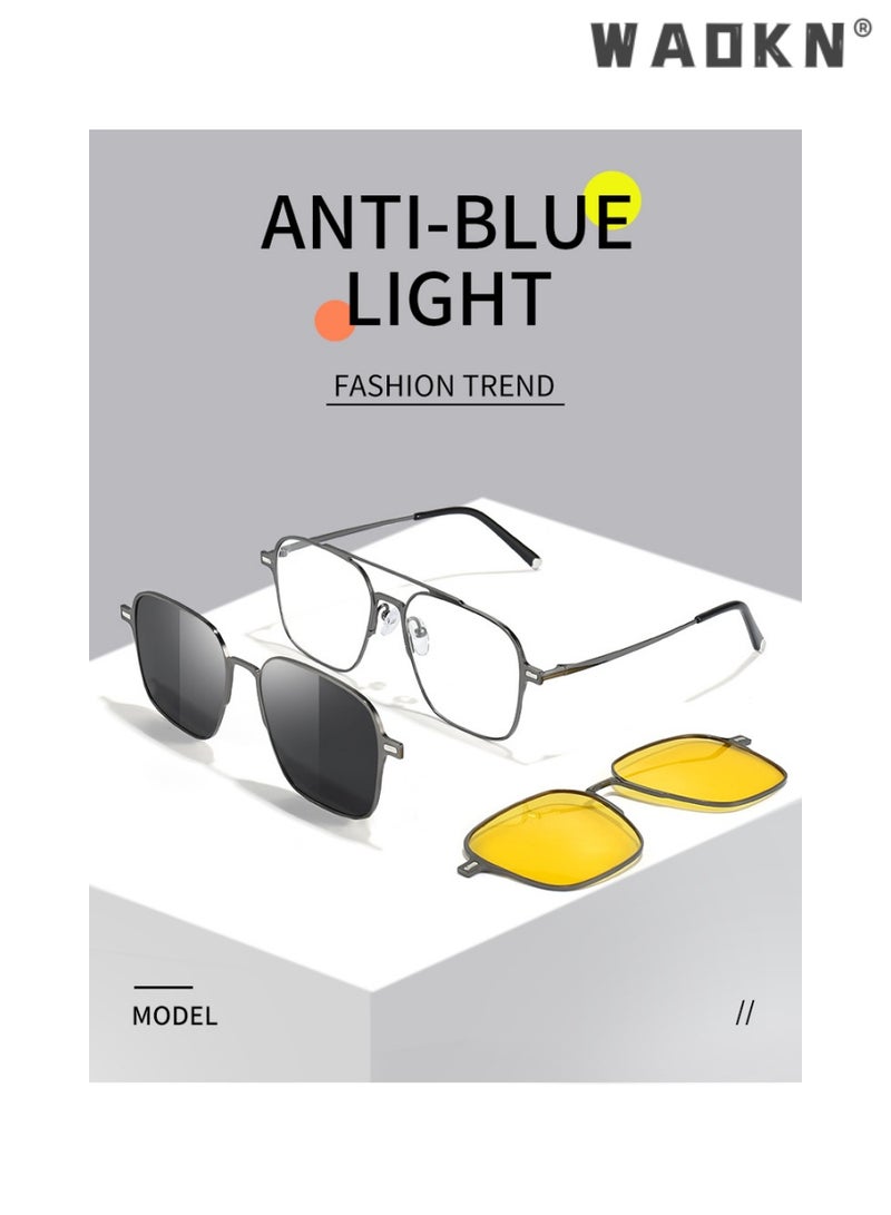 Magnetic Clip on Sunglasses Set for Men & Women Polarized UV Protection Retro Square Eyeglasses,2 in 1 Double Beam Magnetic Sunglasses Compatible with Degree Myopia Glasses Frame