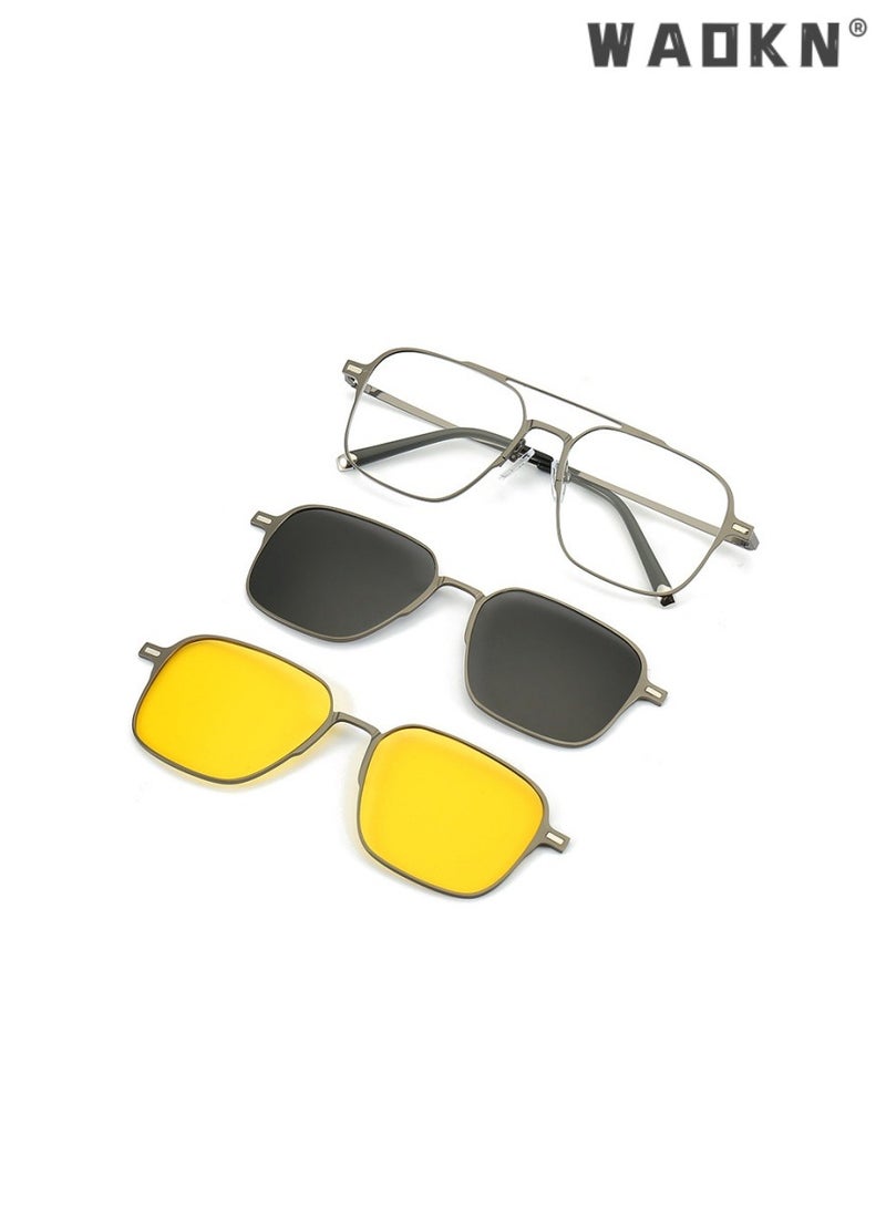 Magnetic Clip on Sunglasses Set for Men & Women Polarized UV Protection Retro Square Eyeglasses,2 in 1 Double Beam Magnetic Sunglasses Compatible with Degree Myopia Glasses Frame