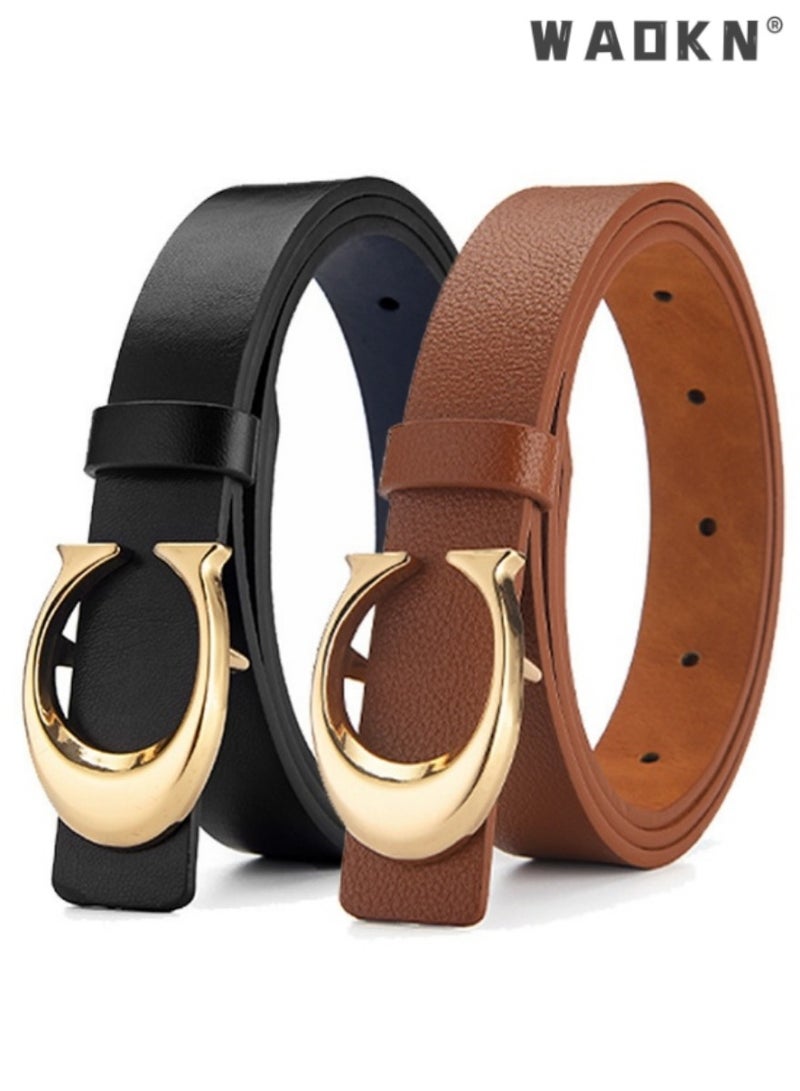 2 Pack C-buckle Double-sided Women's Leather belt Fashionable and Slim Fitting,Ladies Adjustable Belts for Jeans Pants Dresses Skinny Vintage Waist Belt Women's Accessories Waist Strap (Black,Brown)