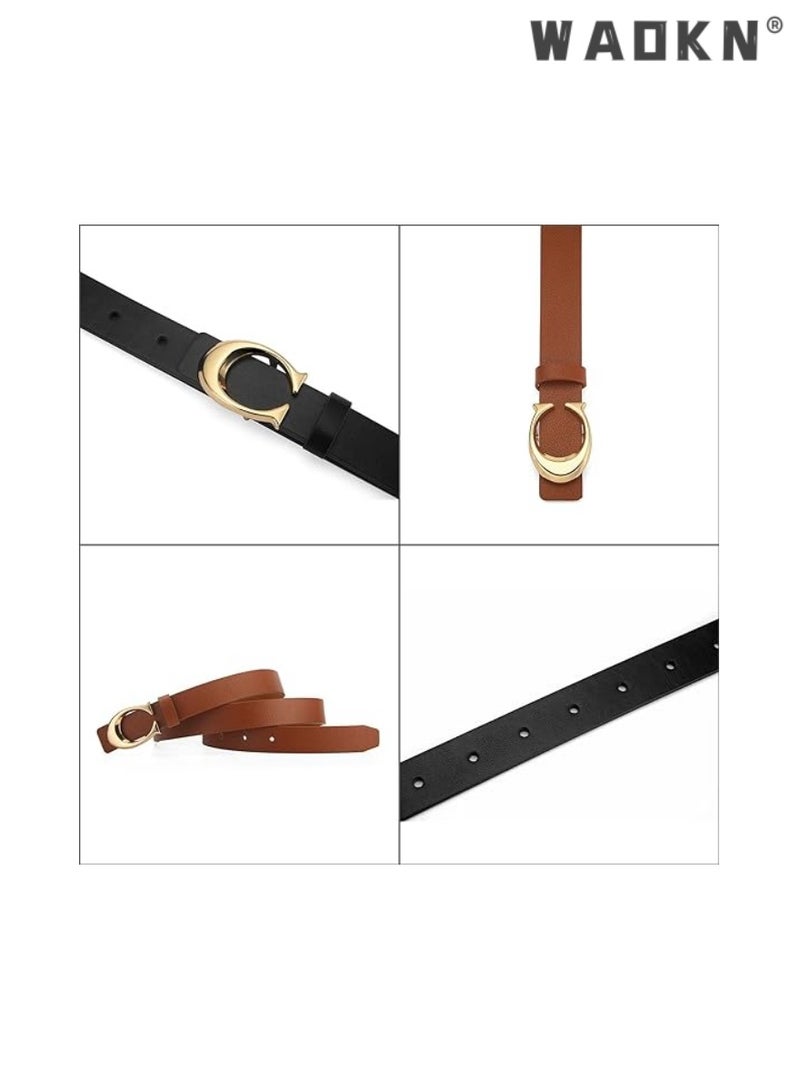 2 Pack C-buckle Double-sided Women's Leather belt Fashionable and Slim Fitting,Ladies Adjustable Belts for Jeans Pants Dresses Skinny Vintage Waist Belt Women's Accessories Waist Strap (Black,Brown)