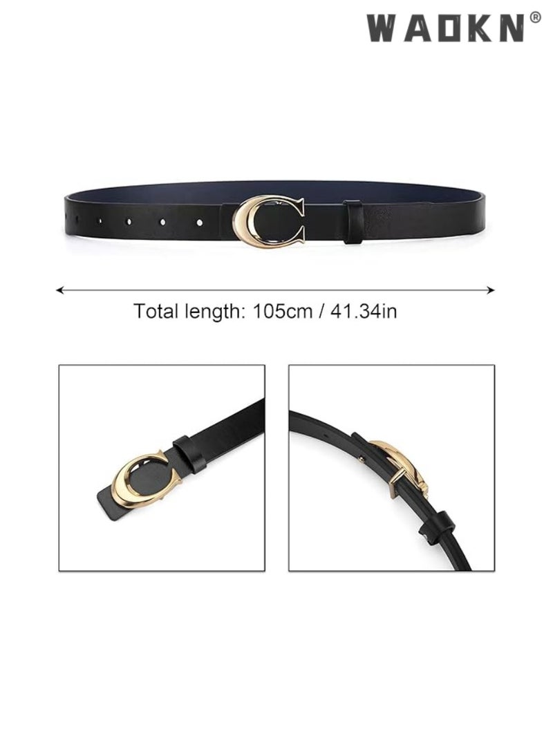 2 Pack C-buckle Double-sided Women's Leather belt Fashionable and Slim Fitting,Ladies Adjustable Belts for Jeans Pants Dresses Skinny Vintage Waist Belt Women's Accessories Waist Strap (Black,Brown)