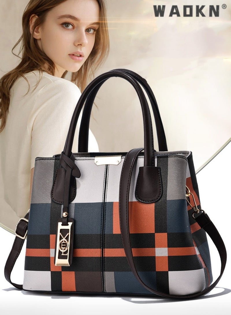 Women's New Luxury Shoulder Bag, Designer Plaid Handbag Crossbody Bag for Ladies, Simple and Fashionable PU Leather Tote Bag Carrying Bag Sling Bag Side Bag