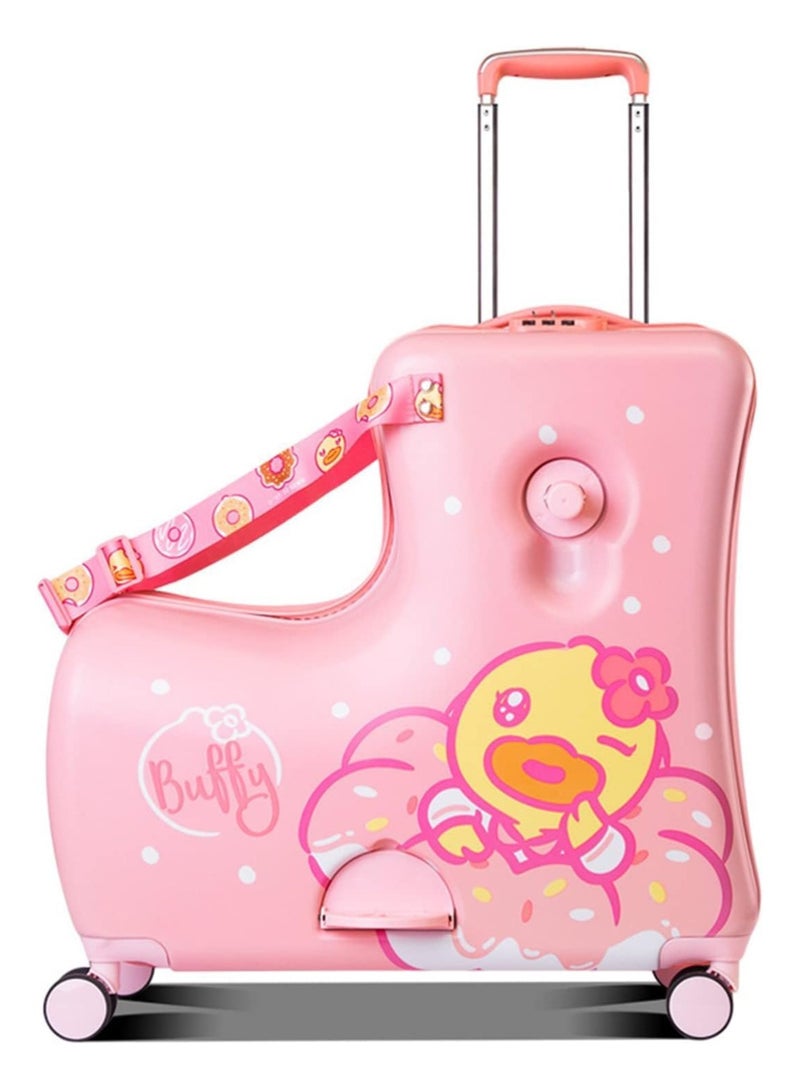 Kids Ride-on duck Suitcase Children Trolley Hard Shell Carry on Luggage Travel Suitcase with Safety Belt & Telescoping Handle with Foot Rest (Buffy Duck Pink, )