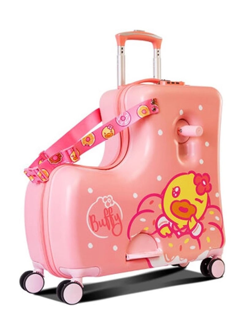 Kids Ride-on duck Suitcase Children Trolley Hard Shell Carry on Luggage Travel Suitcase with Safety Belt & Telescoping Handle with Foot Rest (Buffy Duck Pink, )