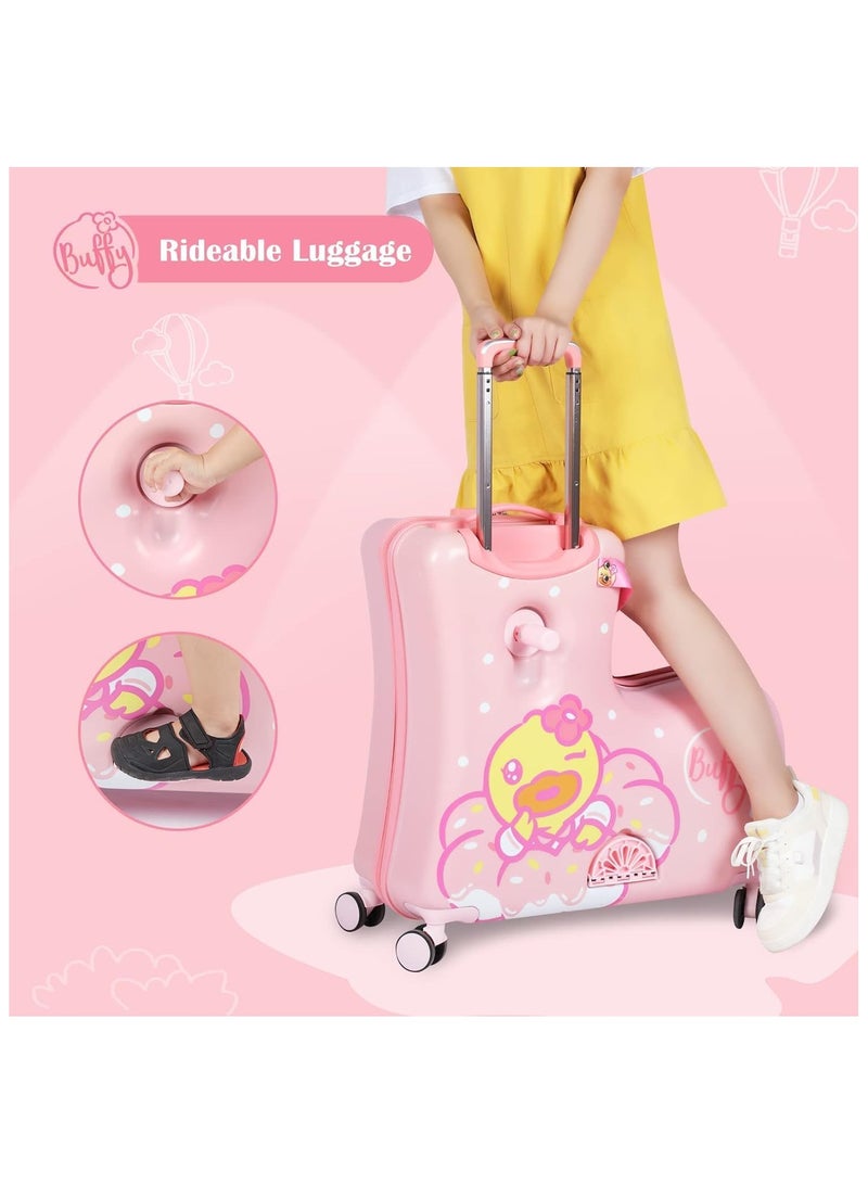 Kids Ride-on duck Suitcase Children Trolley Hard Shell Carry on Luggage Travel Suitcase with Safety Belt & Telescoping Handle with Foot Rest (Buffy Duck Pink, )