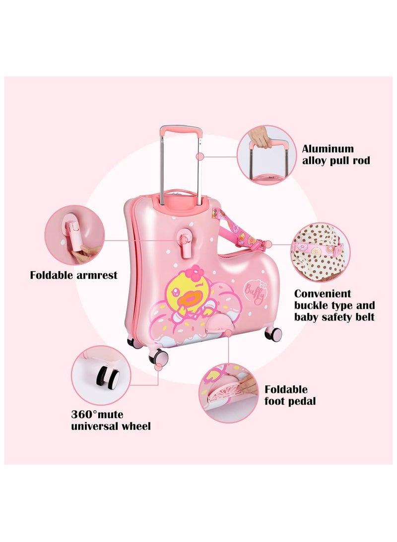 Kids Ride-on duck Suitcase Children Trolley Hard Shell Carry on Luggage Travel Suitcase with Safety Belt & Telescoping Handle with Foot Rest (Buffy Duck Pink, )