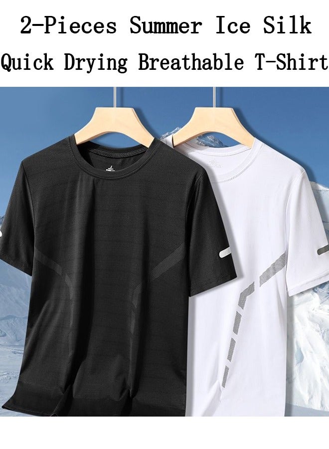 2-Pieces Summer Ice Silk Quick Drying Breathable T-Shirt,Trendy Sports Casual Loose Short Sleeve