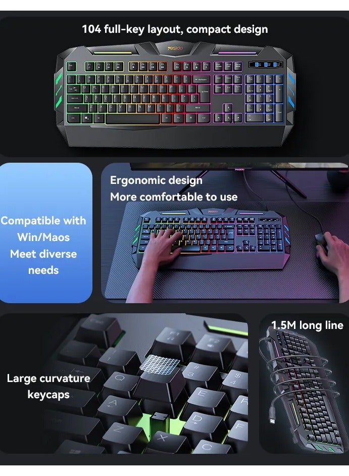 Mechanical feel Large curvature keycaps Cool Backlight 104 Full-key Layout 1.5M Long Wired Gaming Keyboard