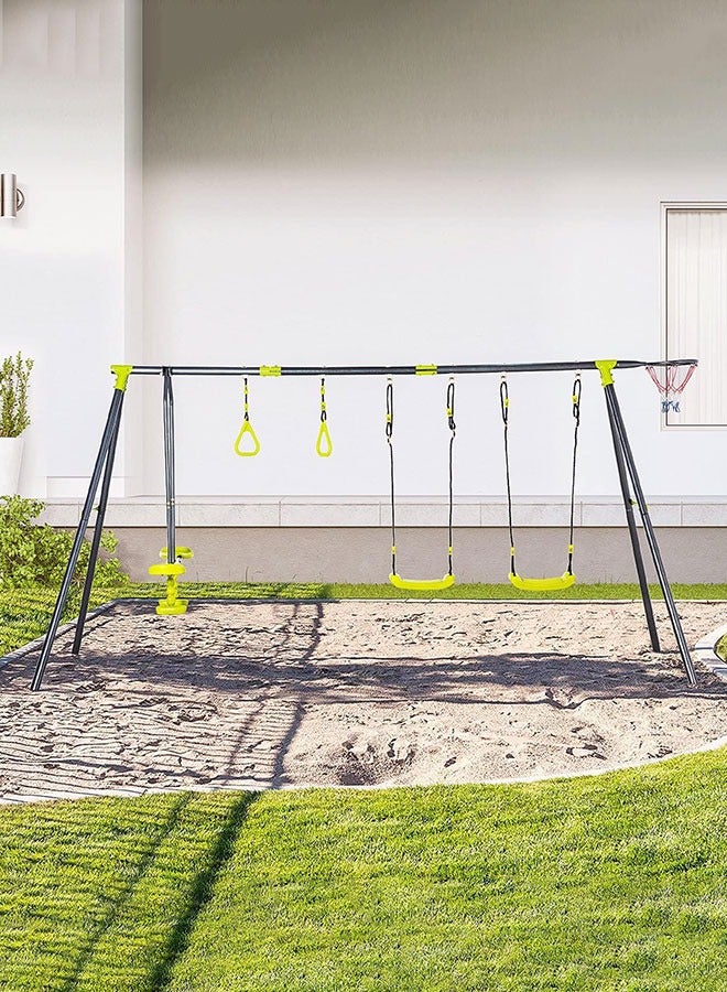 5 IN 1 Kids Garden Swing Set for Backyard, Outdoor Play Equipment, w/ Adjustable Swing Seats, Seesaw, Basket Hoop, Gym Rings, A-Frame Metal Stand, for Ages 3-10 Years