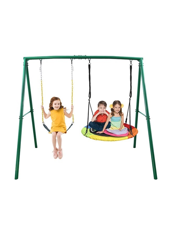 2-Seat Swing Set for Backyard Heavy Duty A-Frame Metal Stand with 1 Saucer and Belt Swing Seats