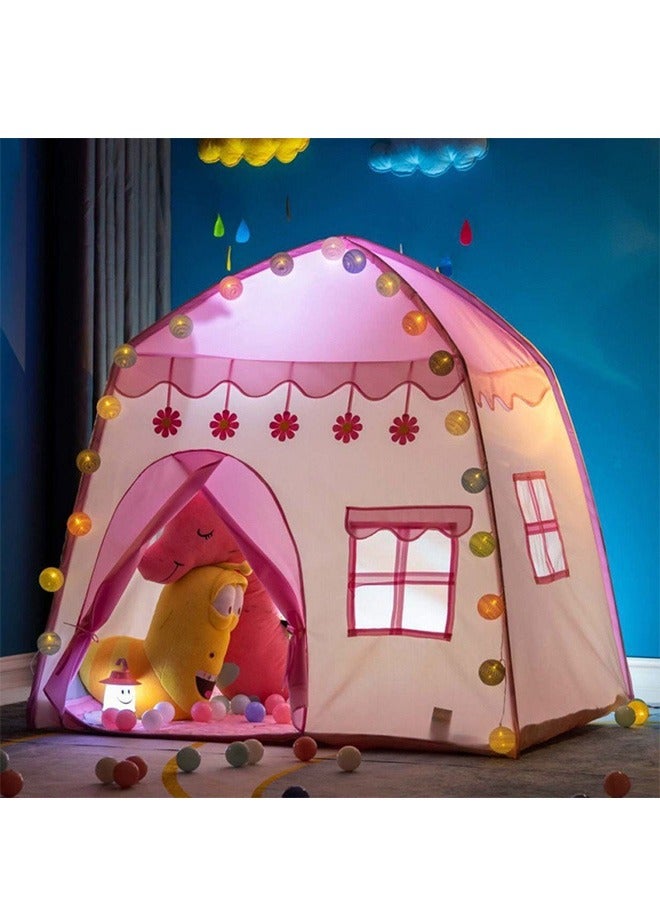 Princess tent, with ball lights and flowers, indoor and outdoor game room pink