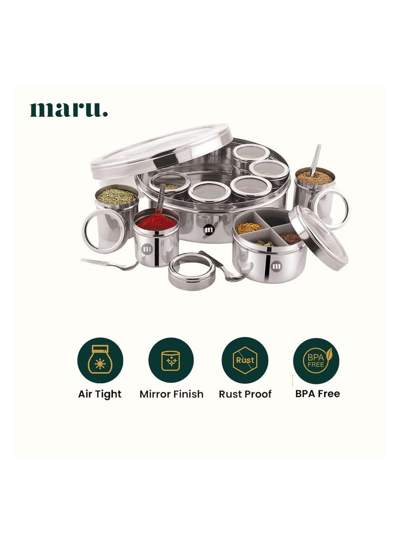 MARU 12 IN 1 Spice Box Stainless Steel with Middle Container Partitions Masala Dabba Steel Masala Box For Kitchen Steel Masala Dani For Kitchen See Through Lid Size 13 Large 21.5cms Silver