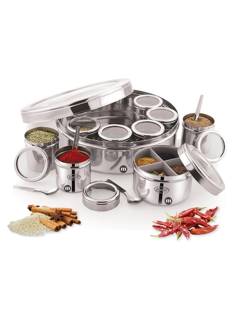 MARU 12 IN 1 Spice Box Stainless Steel with Middle Container Partitions Masala Dabba Steel Masala Box For Kitchen Steel Masala Dani For Kitchen See Through Lid Size 13 Large 21.5cms Silver