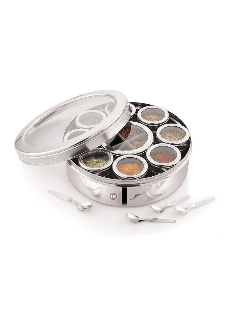 MARU 12 IN 1 Spice Box Stainless Steel with Middle Container Partitions Masala Dabba Steel Masala Box For Kitchen Steel Masala Dani For Kitchen See Through Lid Size 13 Large 21.5cms Silver