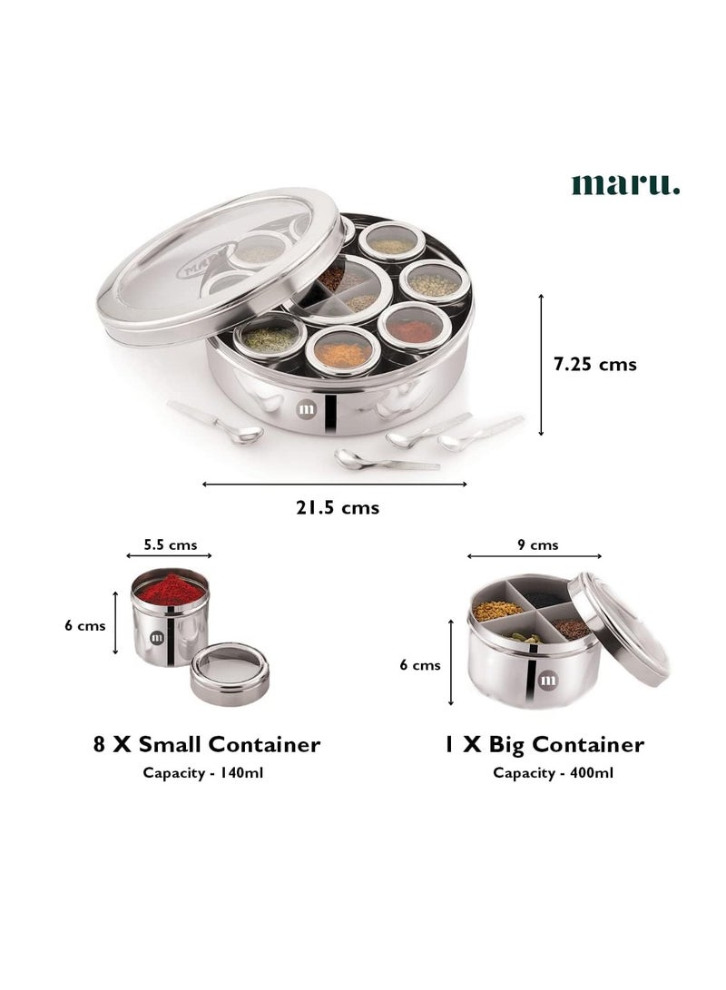 MARU 12 IN 1 Spice Box Stainless Steel with Middle Container Partitions Masala Dabba Steel Masala Box For Kitchen Steel Masala Dani For Kitchen See Through Lid Size 13 Large 21.5cms Silver