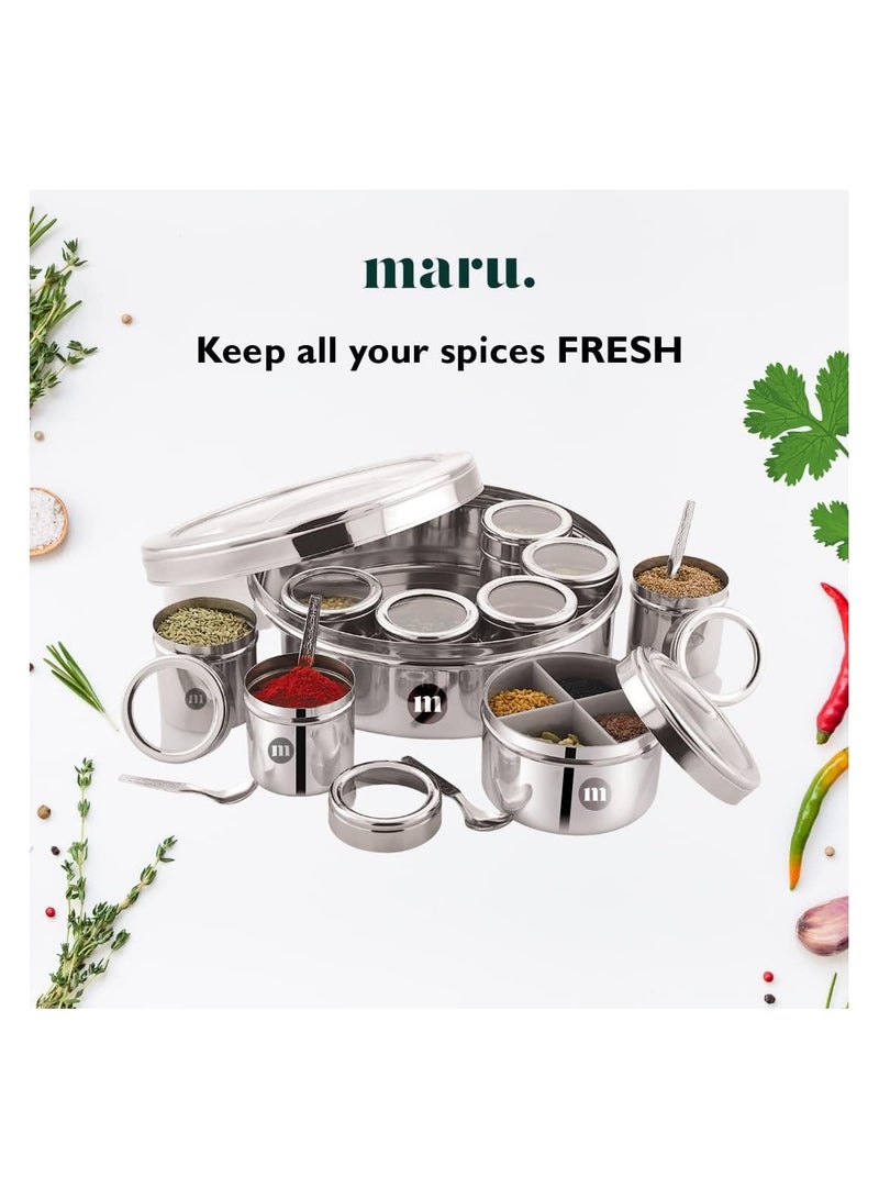 MARU 12 IN 1 Spice Box Stainless Steel with Middle Container Partitions Masala Dabba Steel Masala Box For Kitchen Steel Masala Dani For Kitchen See Through Lid Size 13 Large 21.5cms Silver
