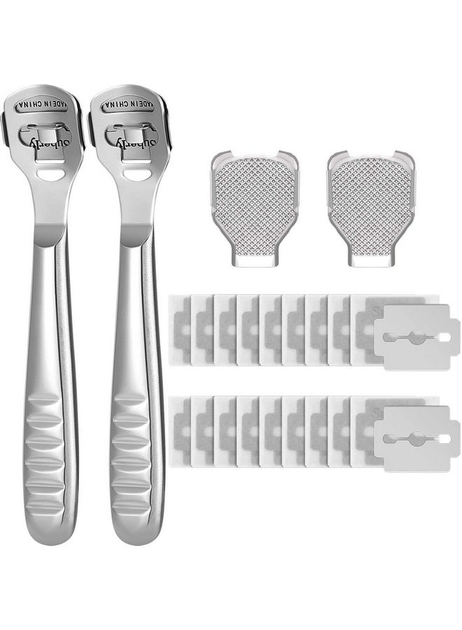 24 Pieces Callus Shaver Set 20 Replacement Slices Blades 2 Callus Shavers And 2 Foot File Head Foot Care Tools Steel Handle Hard Skin Remover For Hand Feet (Grooved Handle)