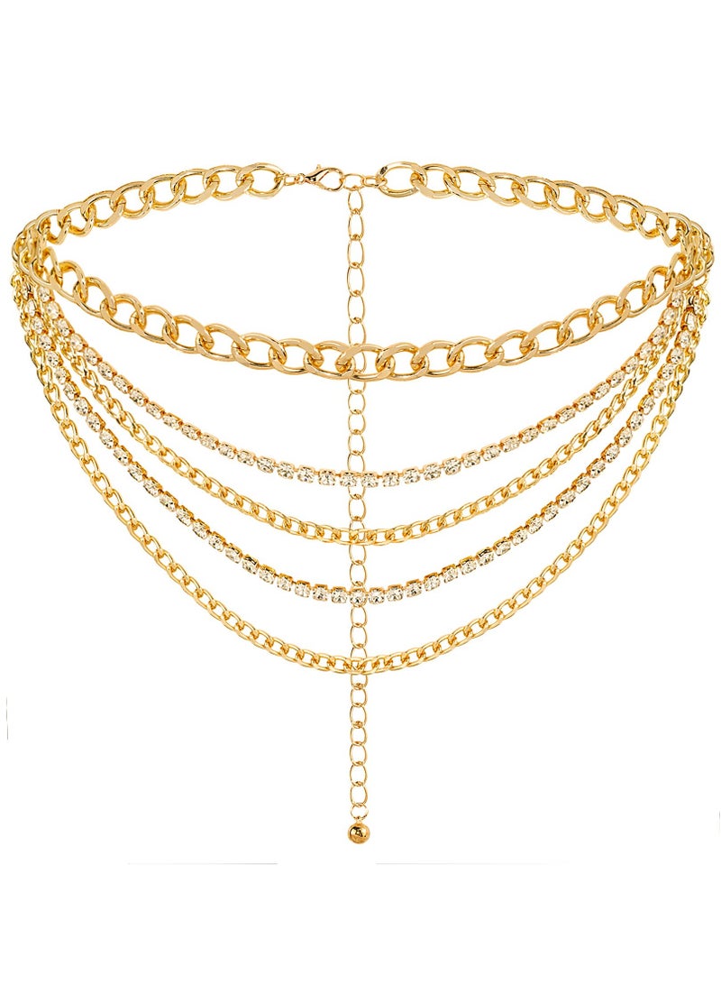 Multilayer Crystal Chain Belts for Women Girls, Layered Rhinestones Metal Waist Chain Belly Chain, Adjustable Gold Metal Waist Chain Multilayer Chain Belts for Jeans Dress (S)