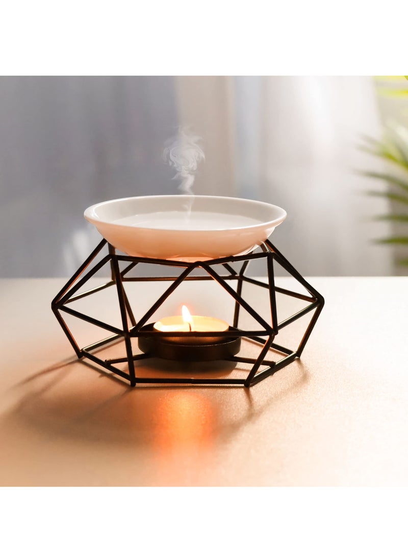 Delicate Romantic Ceramic Tealight Candle Holder Oil Burner, Essential Oil Incense Aroma Diffuser Furnace, Metal Wax Melt Burner for Fragrance Warmer DiffuserHome Decoration (Black)