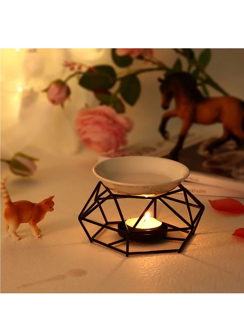 Delicate Romantic Ceramic Tealight Candle Holder Oil Burner, Essential Oil Incense Aroma Diffuser Furnace, Metal Wax Melt Burner for Fragrance Warmer DiffuserHome Decoration (Black)