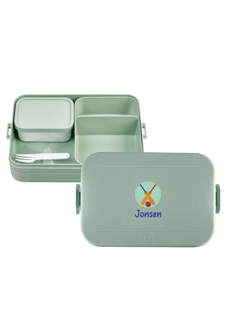 Large Personalised Cricket Design Lunch Box- Nordic sage