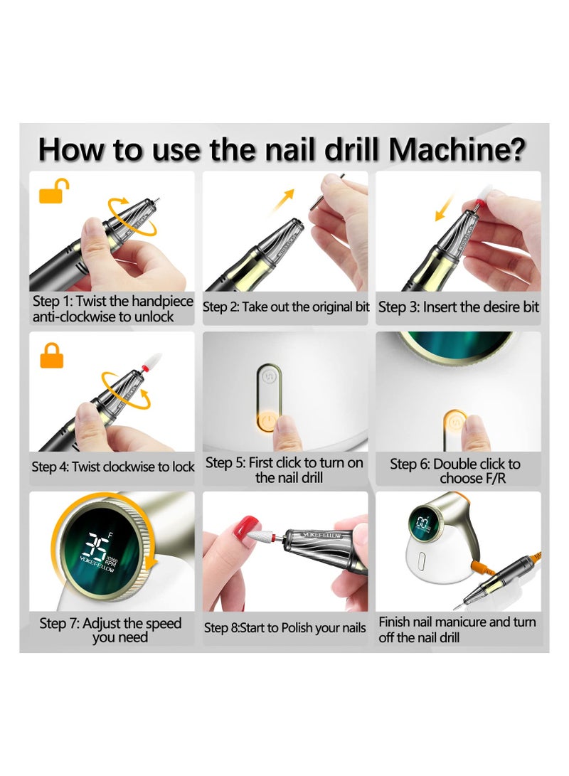 Nail Drill for Acrylic Nails Professional 35000 RPM Nail Drill Machine Manicure Pedicure Tools for Home and Salon Use 35000RPM Electric Nail Drill Manicure Nail Drill Milling Machine