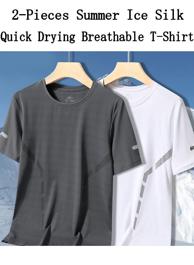 2-Pieces Summer Ice Silk Quick Drying Breathable T-Shirt,Trendy Sports Casual Loose Short Sleeve