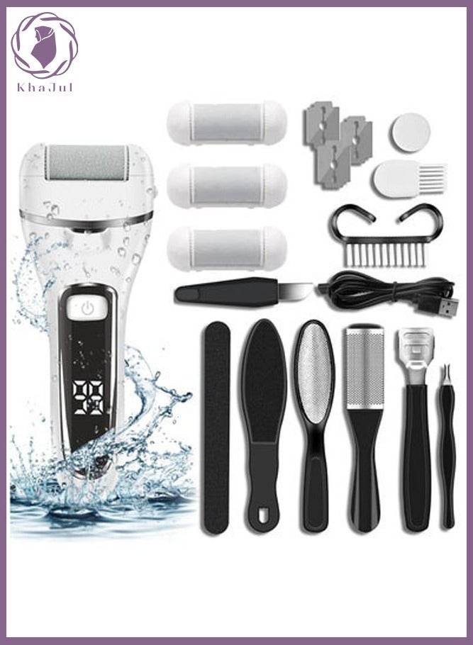 Electric Callus Remover for Feet Rechargeable Pedicure Tool Foot Care Foot File All-in-1 Callus Remover Kit for Removing Cracked and Dead Skin from Heels with 3 Roller Heads 2-Speed Battery Display