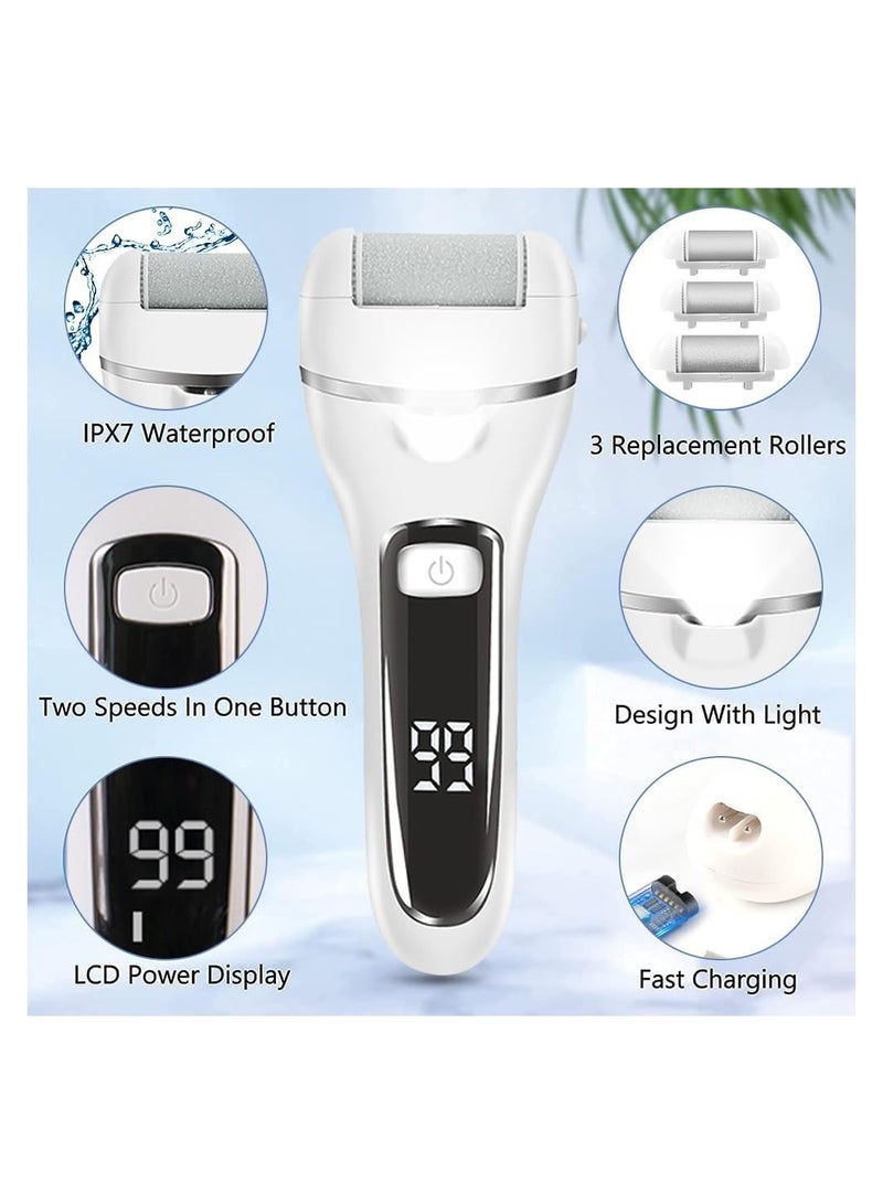 Electric Callus Remover for Feet Rechargeable Pedicure Tool Foot Care Foot File All-in-1 Callus Remover Kit for Removing Cracked and Dead Skin from Heels with 3 Roller Heads 2-Speed Battery Display