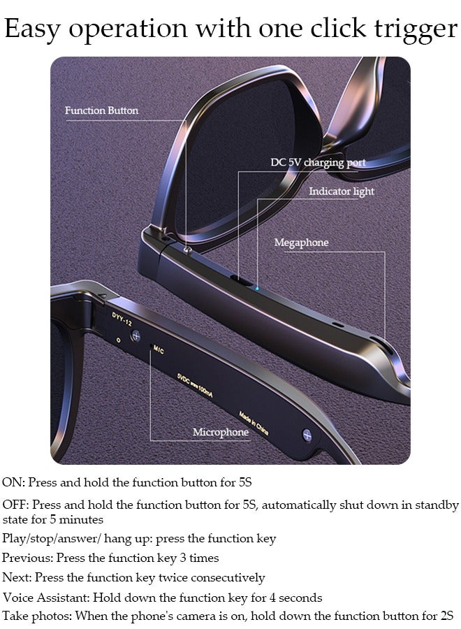 Smart Glasses,Bluetooth 5.3 Sunglasses Wireless Bluetooth Headset Waterproof Compatible with Smart Phones Easy to Make Phone Calls and Listen to Music Polarized Lenses