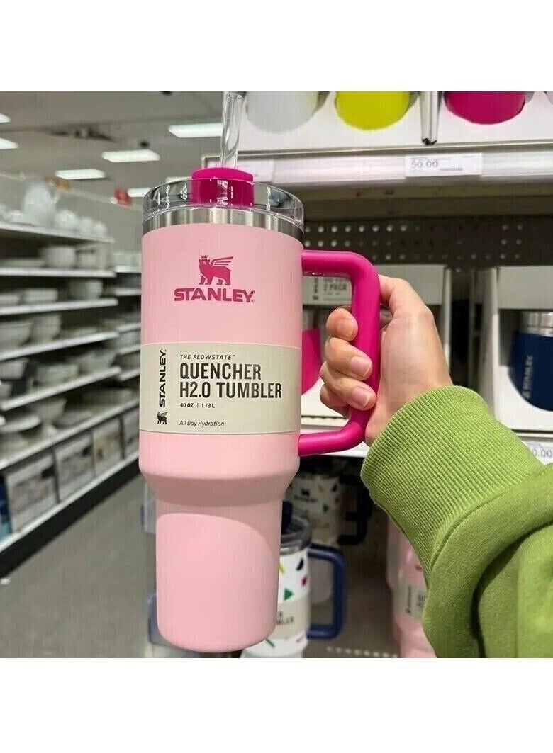 Stanley 40oz Quencher H20 Flowstate Stainless Steel Vacuum Insulated Tumbler with Lid and Straw for Water, Iced Tea or Coffee, Smoothie and More, Cream (Flamingo Pink)