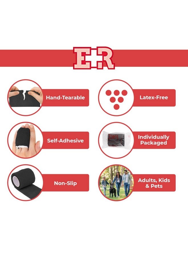 Self Adherent Cohesive Wrap Bandages 2” X 5 Yards For First Aid Sprains Swelling Sports Pets Black Color 12 Count