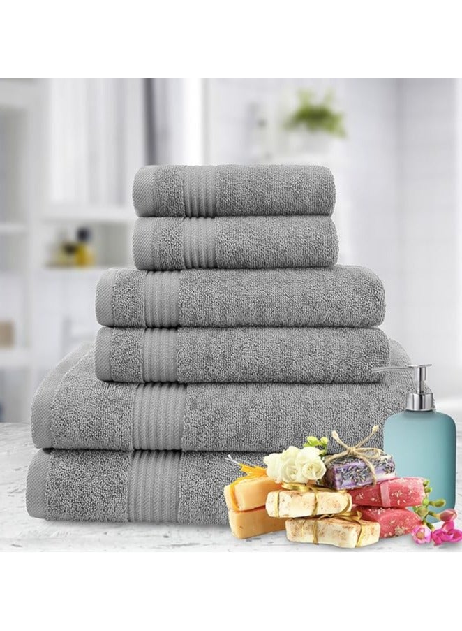 Towel Set Luxury Hotel Quality 600 GSM Genuine Combed Cotton, Super Soft & Absorbent Family Bath Towels 6 Piece Set -  2 Bath Towels, 2 Hand Towels, 2 Washcloths - Light Grey