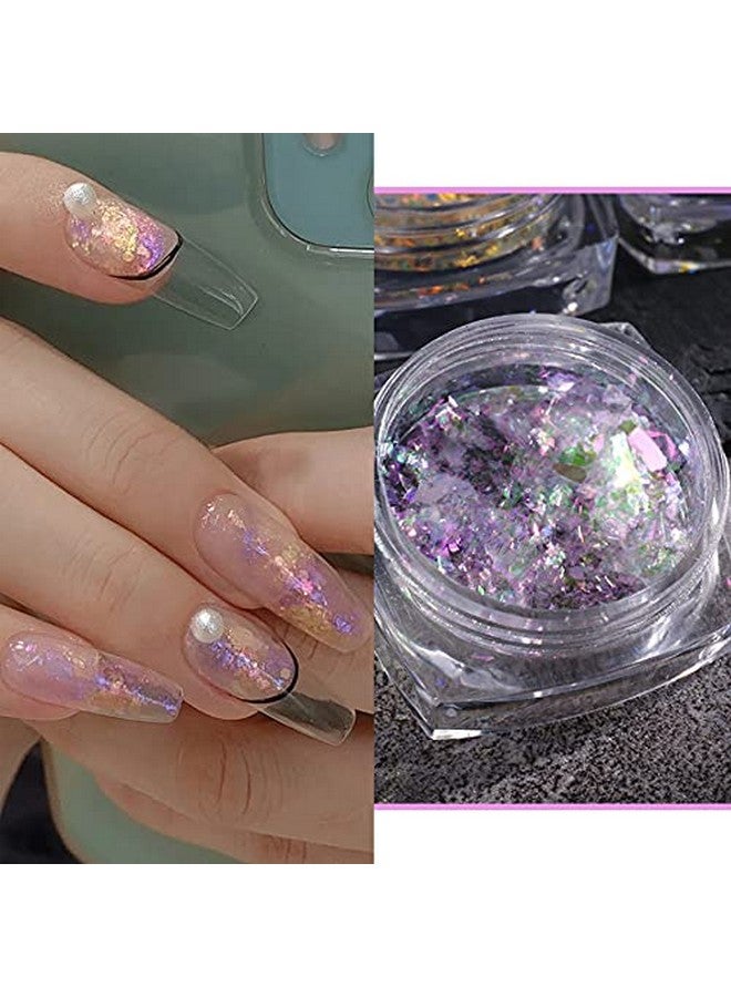 Holographic Nail Art Glitter Iridescent Flakes Powder5 Boxes Nail Foil Colorful Fluorescent Glass Paper Chameleon Ice Crystal Mermaid Paillettes Sparkly Sequins Design For Summer Nail Art Decoration