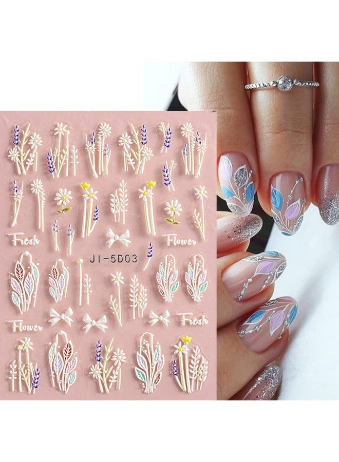 4Pcs Flower Nail Art Stickers 5D Nail Stickers Acrylic Embossed Engraved Nail Decals Nail Art Supplies Pink White Floral Leaf Cherry Blossom Nail Design Sliders Diy Manicure Decorations For Nails Art