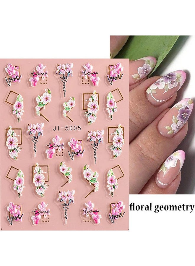 4Pcs Flower Nail Art Stickers 5D Nail Stickers Acrylic Embossed Engraved Nail Decals Nail Art Supplies Pink White Floral Leaf Cherry Blossom Nail Design Sliders Diy Manicure Decorations For Nails Art