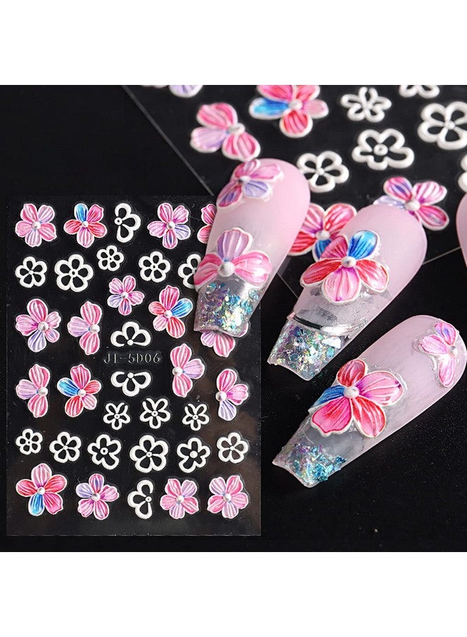 4Pcs Flower Nail Art Stickers 5D Nail Stickers Acrylic Embossed Engraved Nail Decals Nail Art Supplies Pink White Floral Leaf Cherry Blossom Nail Design Sliders Diy Manicure Decorations For Nails Art