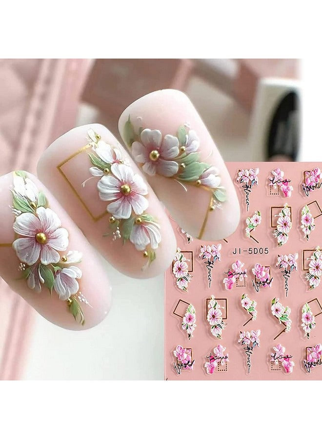 4Pcs Flower Nail Art Stickers 5D Nail Stickers Acrylic Embossed Engraved Nail Decals Nail Art Supplies Pink White Floral Leaf Cherry Blossom Nail Design Sliders Diy Manicure Decorations For Nails Art
