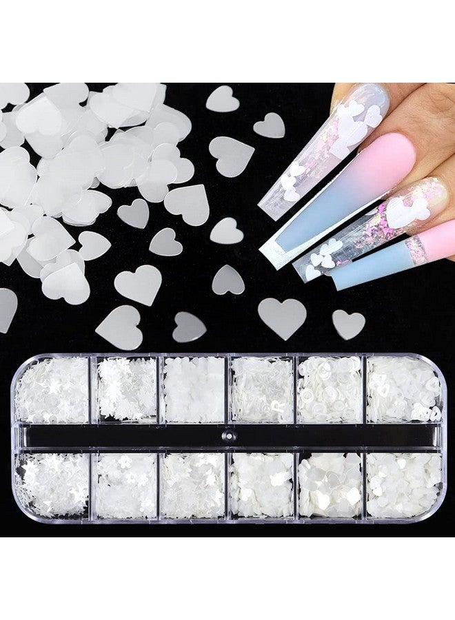 3D White Flower Nail Stickers Glitter Decals Love Heart Nail Sequins Laser Hearts Nail Supplies Butterfly Letter Star Mick Ey Design For Valentine'S Day Charms Decorations Accessories Craft 12 Grids