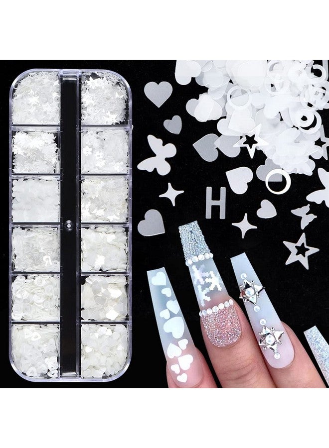 3D White Flower Nail Stickers Glitter Decals Love Heart Nail Sequins Laser Hearts Nail Supplies Butterfly Letter Star Mick Ey Design For Valentine'S Day Charms Decorations Accessories Craft 12 Grids
