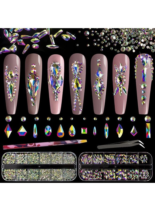 Multi Shapes 3D Glass Ab Crystal Nail Art Rhinestones Kit With Flatback Round Bead Charm Gem Stone Jewelry Diamond With Pickup Pen + Tweezer For Manicure Craft Decoration By Belleboost (Iridescent)