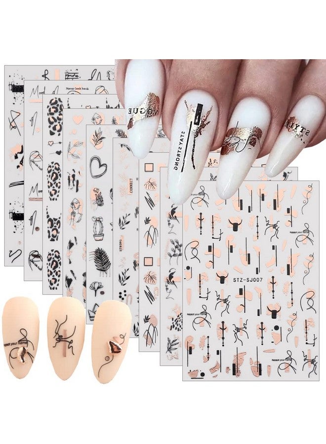 9 Sheets Rose Gold Nail Art Stickers Decalnail Supplies Graffiti Fun Nail Foil Decals 3D Selfadhesive Bronzing Leopard Print Gold Botanical Abstract Line Nail Design For Acrylic Nails Art Decoration