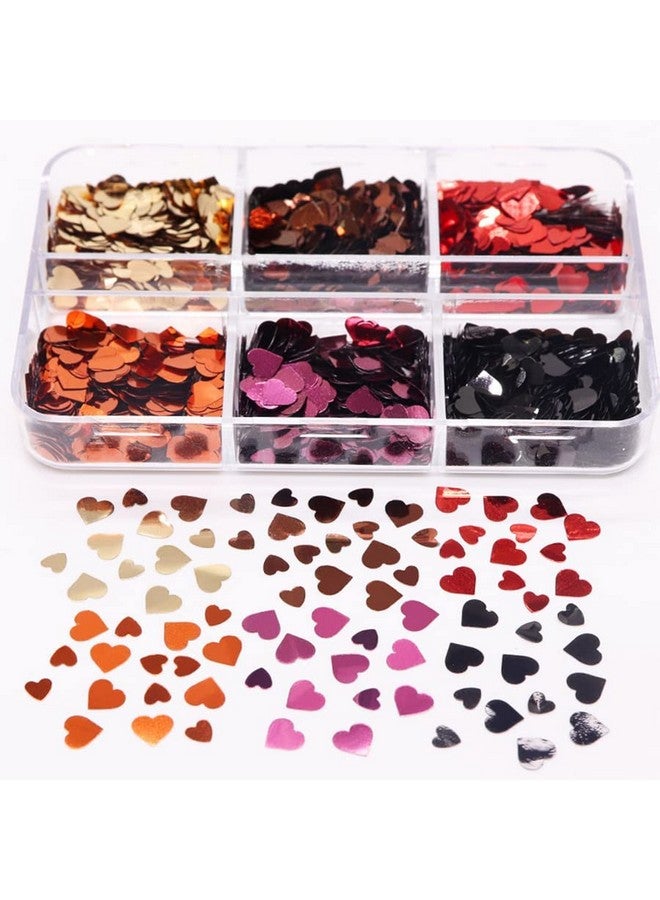 6 Grids Valentine'S Day Nail Art Sequins 3D Heart Nail Sequins Holographic Retro Glitters Flakes Acrylic Nails Designs Stickers Decals For Valentine'S Day Romantic Girl Nail Decorations