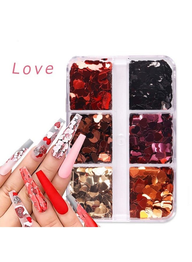 6 Grids Valentine'S Day Nail Art Sequins 3D Heart Nail Sequins Holographic Retro Glitters Flakes Acrylic Nails Designs Stickers Decals For Valentine'S Day Romantic Girl Nail Decorations