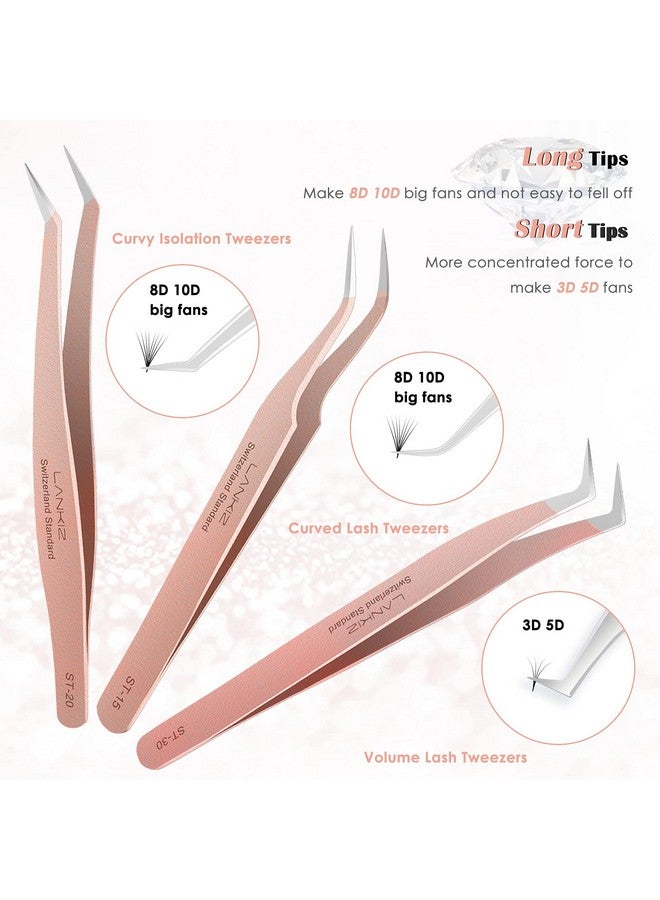 Eyelash Extension Tweezers Set 5 Pcs For Eyelash Extensions Stainless Steel Lash Tweezers For Volume Lash Extensionsrose Gold